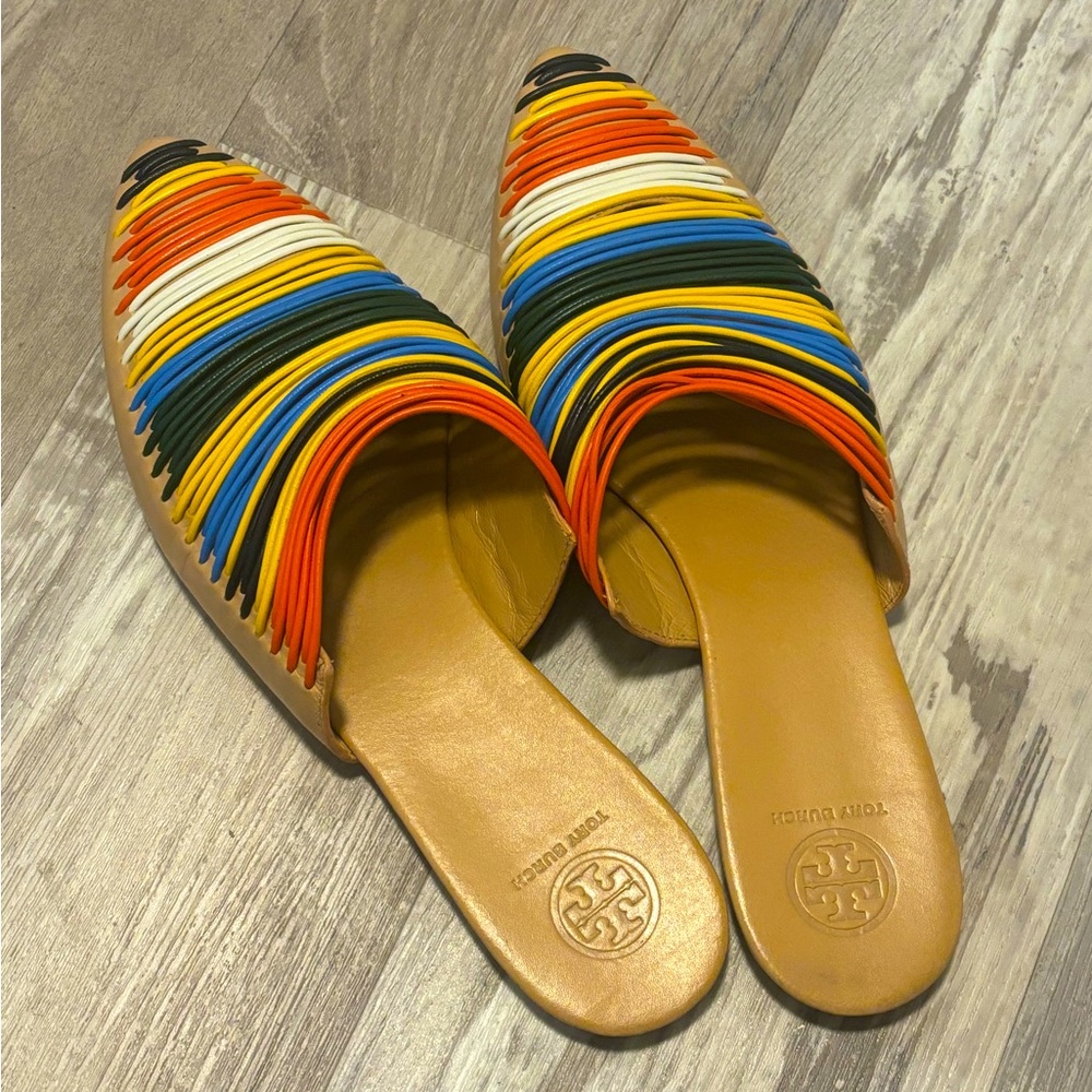 Tory Burch women’s Sienna woven leather pointed toe multicolor mule size 8 1/2